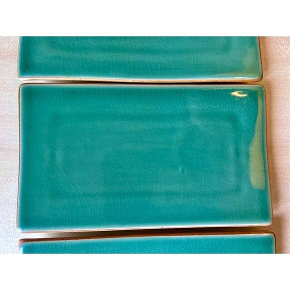 Rectangular Asian Green Crackle Ceramic Sushi Plates Le Gourmet Chef Set Of 4 - Picture 3 of 11